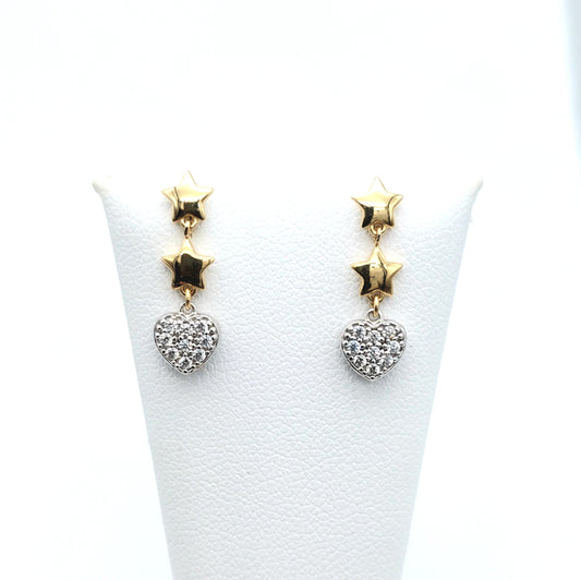 Orecchino lungo con stelle scatolate gialle e cuore zirconato bianco in oro 18 KT. OR-ORO027.